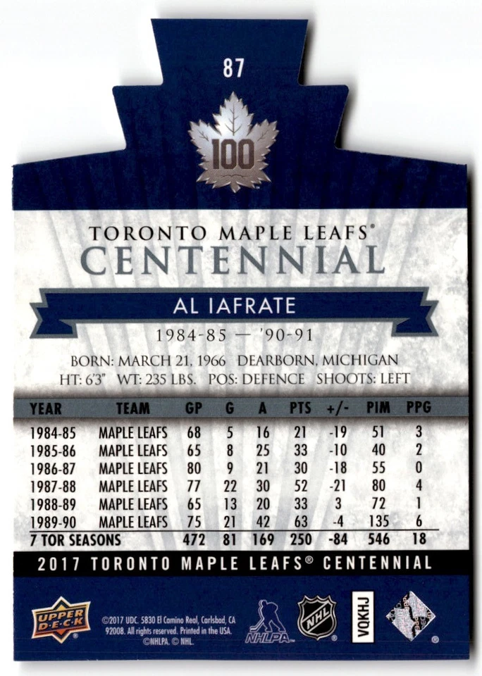 Al Iafrate 2017-18 Upper Deck Toronto Maple Leafs Centennial Blue Die Cut #87 - Image 2 of 2