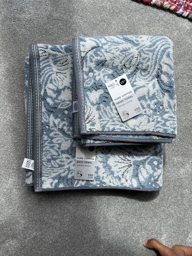 M&S Blue/White 500GSM Pure Cotton Bath Towel and Hand Towels Set of 2 - Picture 1 of 9