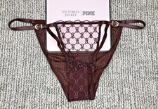 Victoria's Secret NWT Small Burgundy String Bikini Panty Faux Leather Logo Mesh
