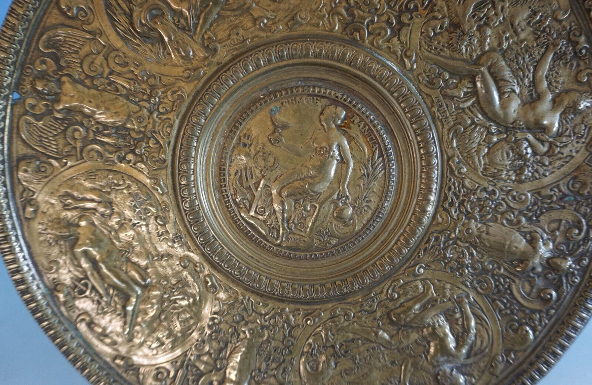 Bronze Teller Reliefteller Temperantia Darstellung 4 Elemente 19 Jhdt.(F024-723)