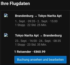 Flugtickets Berlin - Tokyo (Rundtrip) vom 01.09.2023 - 23.09.2023 (1 Reisende*r)