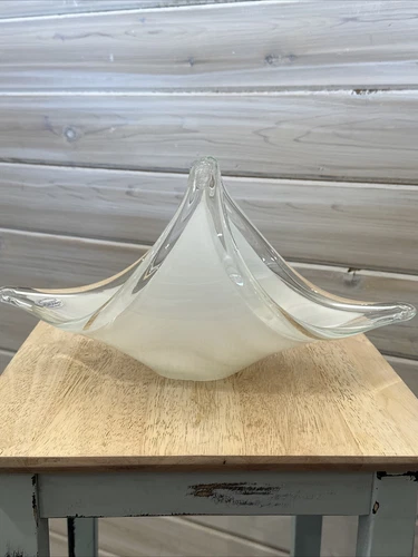 Vintage Murano White Glass Basket Split Handle Bride Crystal Clear Dish