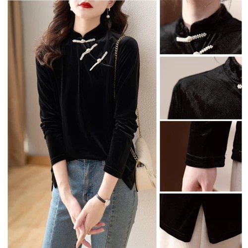 Women Long Sleeve Blouse Shirt Chinese Style Cheongsam Velvet Tops Retro Shirt - Imagen 7 de 21