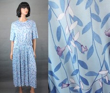 80s Secretary Dress Sz 18 XL Vintage Blue Purple Floral Short Sleeve Tea Length