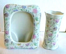 Vintage Raj Japan Bud Vase & Photo Frame Dainty Flowers Matches Bath Accessory