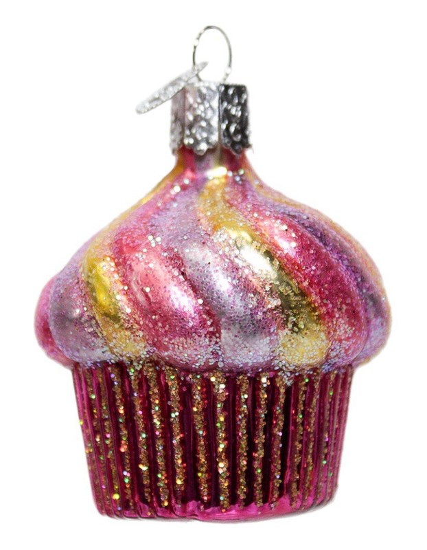 OWC Old World Christmas Colorful Glittered Glass Cupcake Christmas Ornament