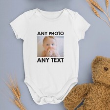 BABY GROW ROMPER PERSONALISED PHOTO/TEXT BABYGROW BODYSUIT GIFT REVEAL PRESENT
