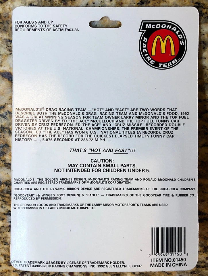 1992 Racing Champions Ed “The Ace” McCulloch McDonald’s Dragster 1:64 Diecast - Image 4 of 4