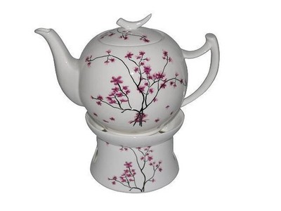 Teekanne Cherry Blossom 1,5l mit Stövchen TeaLogic - Fine Bone China Porzellan 
