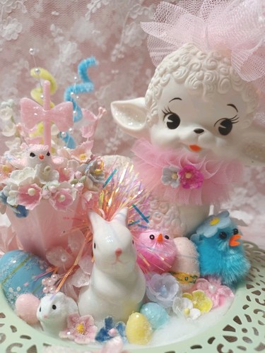 ๐๐ Carino! Vintage Dolce Primavera Pasqua Agnello Coniglietti Pulcini Pastello Assemblaggio - Foto 2 di 15