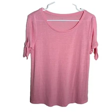 Talbots T-Shirt Women's Small Round Neck Linen Short Sleeve Tie Sheer Top Casual