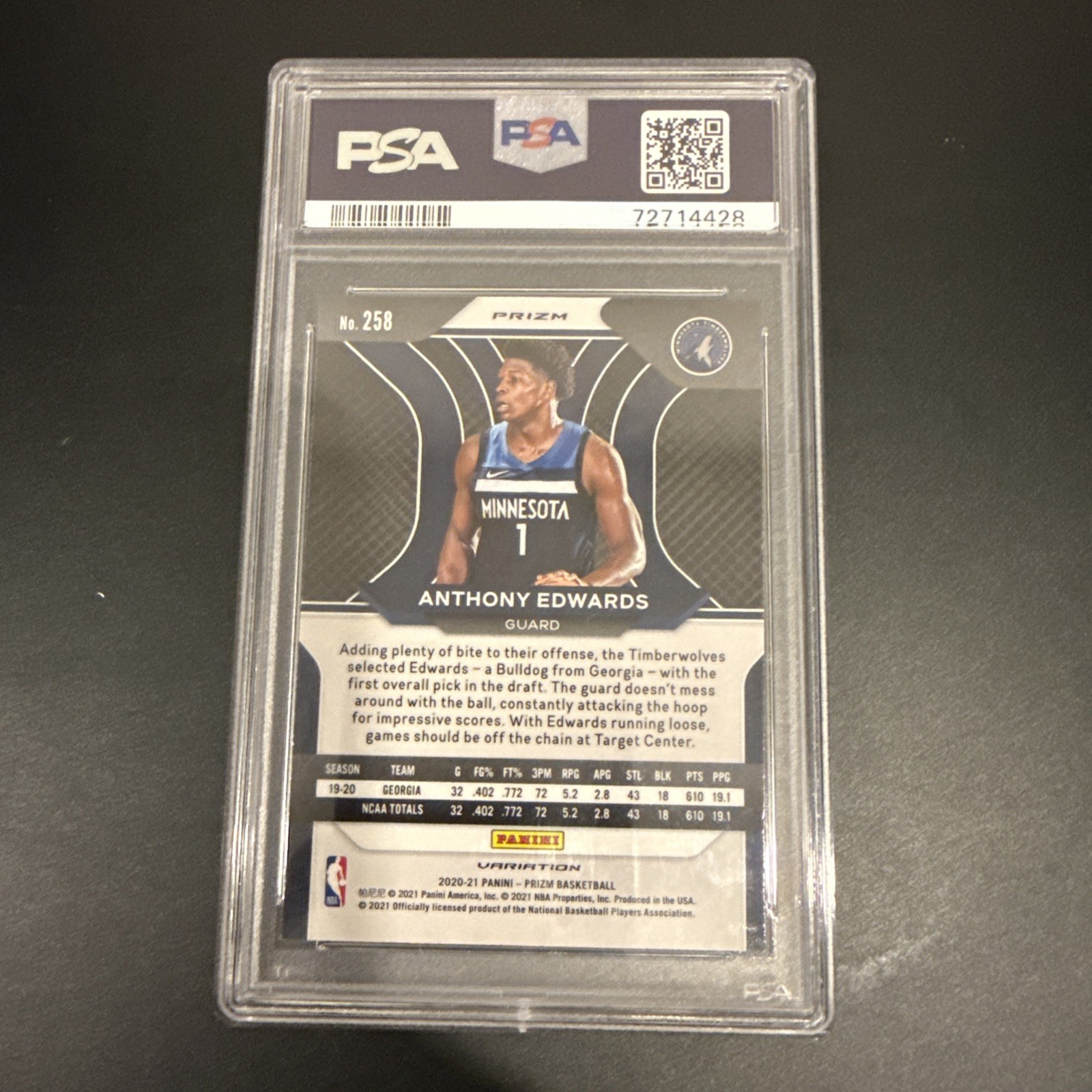 2020-21 Panini Prizm Anthony Edwards #258 (RC) Variation Fast Break PSA 10 view 2