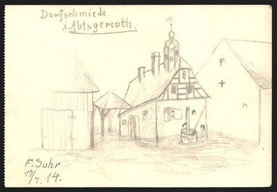 Handzeichnung F. Suhr, Münchsteinach-Abtsgereuth, die Dorfschmiede, 1914 