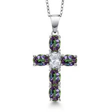 925 Sterling Silver Green Mystic Topaz and White Topaz Cross Pendant Necklace