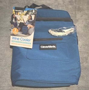 CleverMade Insulated Wine Cooler Bag Blue w/ Removable Ice Pack 3 Bottle