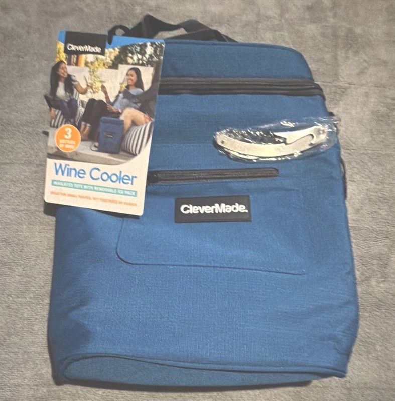 CleverMade Insulated Wine Cooler Bag Blue w/ Removable Ice Pack 3 Bottle