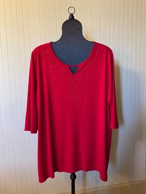 CATHERINES ~1X~Red~''Art To Wear''~4 PT Hem~Stud Embellished~Liquid Knit Tunic Top
