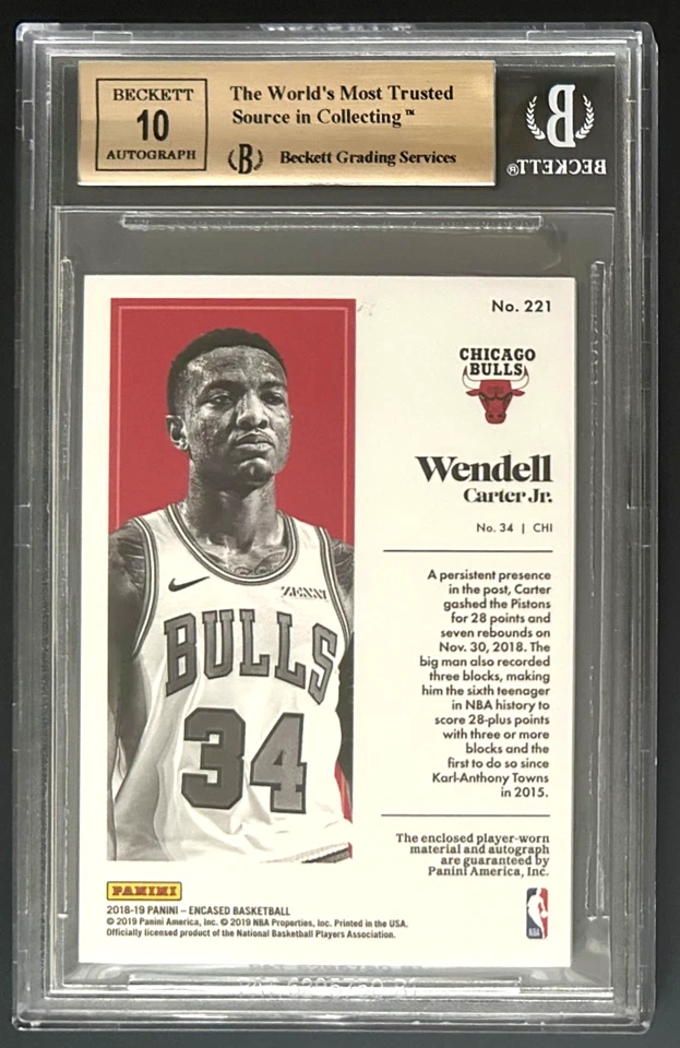 Wendell Carter Jr. 2018-19 Panini Encased Rookie Jersey RC #6/99 BGS 9.5 Auto 10 - Image 2 of 2