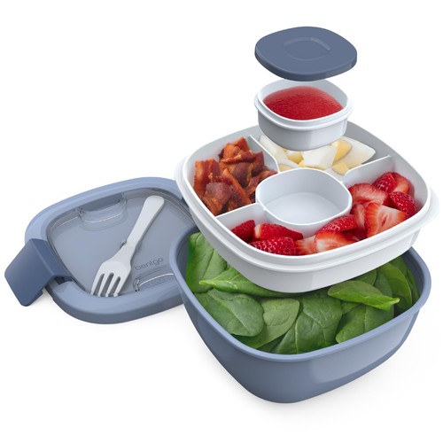 Salad Container - 54 oz Bowl with 4-Compartment Toppings Tray, Leak-Proof Dre...