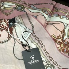 SilkSilky Satin Silk Square Scarf Pink Equestrian Chain Print Logo Accent