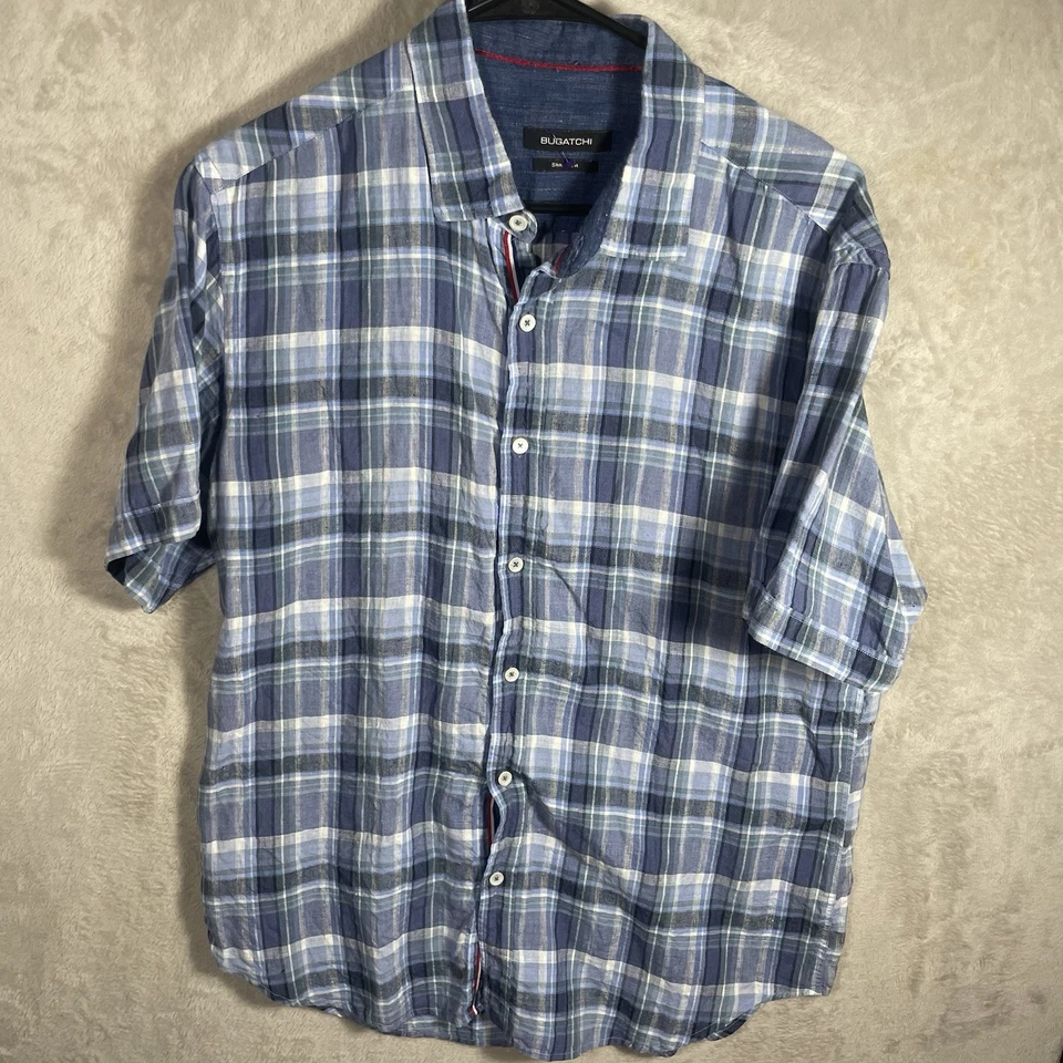Bugatchi Shirt Adult Large Blue White Striped Linen Shaped Men 2575 - Image 2 of 4