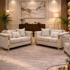 Luxury Modern Tufted Sofa Set – Premium Upholstered Couch with Gold Accent Frame