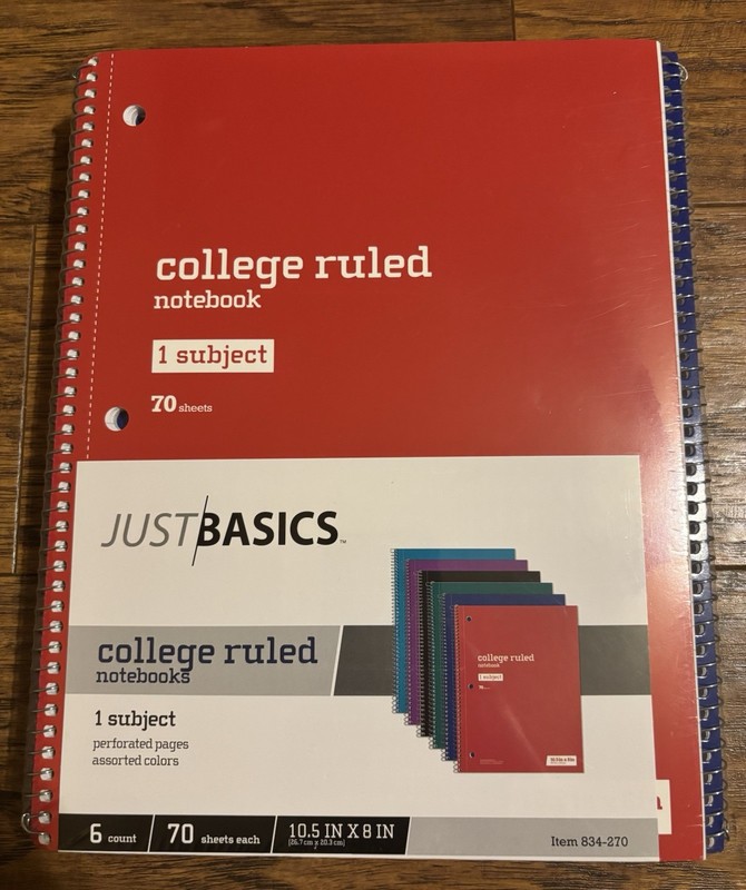 Just Basics Notebooks 6 Pack 1-Subject College Ruled Paper 8 X 10-1/2 70 Sheets