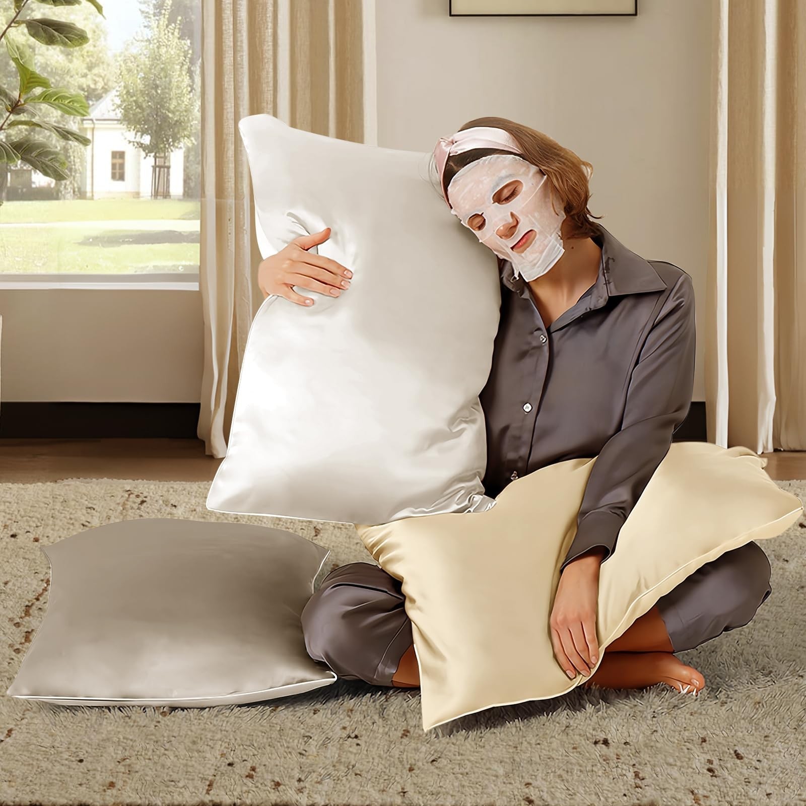 BHZ Grey Satin Goose Down Feather Pillows Queen Size with Satin Pillowcase fo...