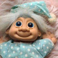 Rare Vintage Russ Troll Doll Blue Pajamas Night Cap Blue Eyes Soft Body 12"