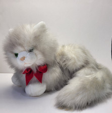 Vintage Russ Caress Soft Cat Gray Persian Nikki Realistic Plush Toy Red Bow 13"