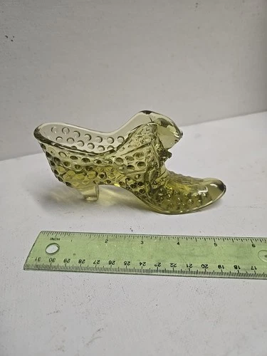 Vintage Fenton Hobnail Cat Head Buckle Olive Green Glass Slipper Shoe
