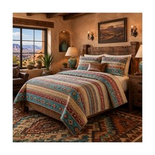 Southwest Aztec Quilt Set King Queen  Boho Navajo Bedspread Colorful Rustic