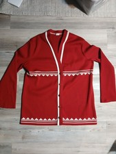 Vintage 1970s Ribbed Cardigan Retro Red Geometric Abstract Sweater Size 20 flaw