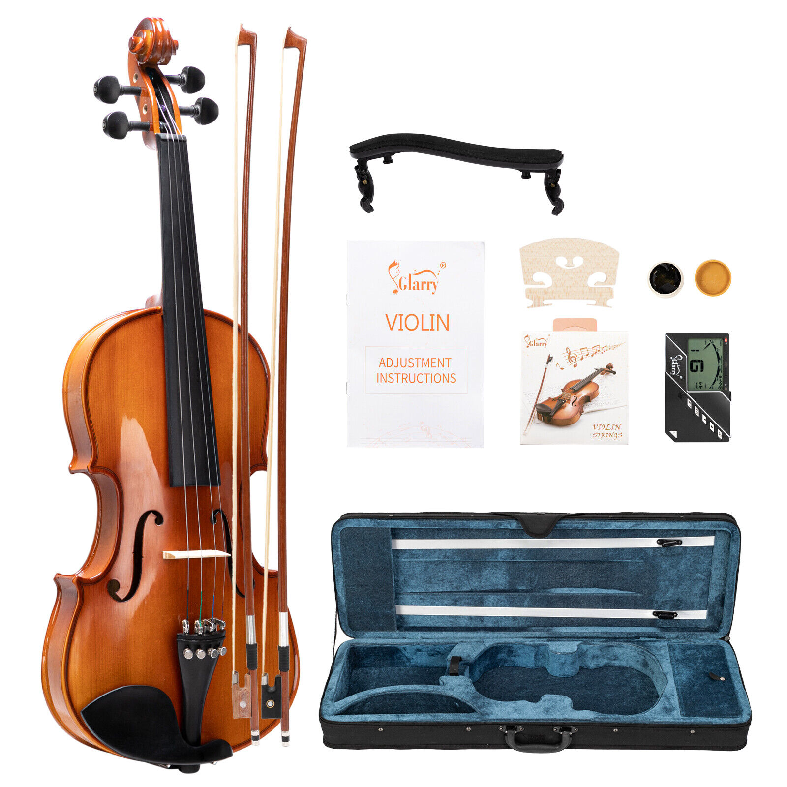 Glarry 4/4 Acoustic Violin Kit Natural Varnish w/Square Case 2 Bows