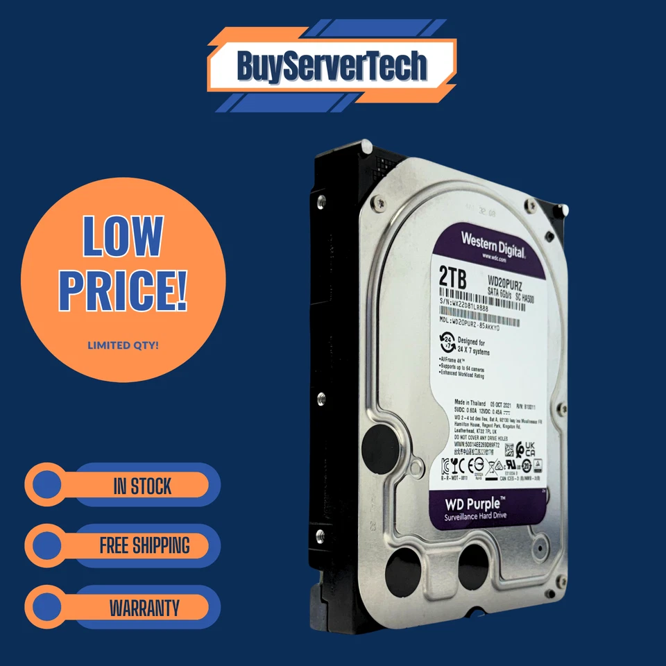 WD Purple 2TB 5400RPM 3.5" SATA HDD WD20PURZ 64MB Cache Surveillance Drive - Image 2 of 4