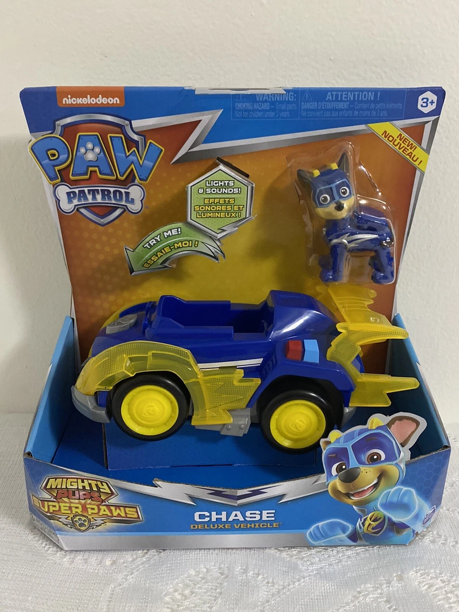 Pat Patrouille Mighty Pups Véhicule Super Paws Chase Deluxe avec sons et  lumières Paw Patrol