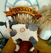WELCOME Wooden Rustic Farmhouse Cow Plaque Wall Hanging