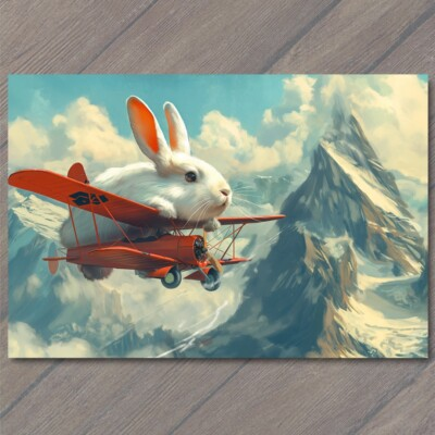 #ad POSTCARD Bunny Rabbit Flying Airplane Fun Strange Colorful Unreal Cute Unusual $6.65