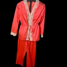 Vintage Vanity Fair Dark Coral W/ Lace Nylon Pajama Set Sz 34 / M Wide Leg