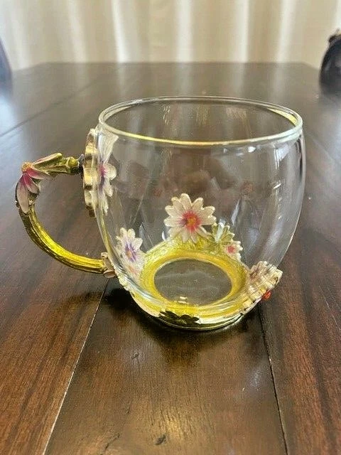 Glass Tea Cup Coffee Mug Modern Design Enamel Flowers Daisy Heat