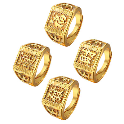 4pc Men Gold Plated Signet Rings Kanji Blessing/Rich/Luck/Wealth Adjustable Band