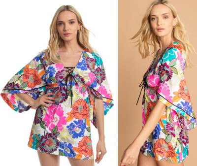 Trina Turk Radiant Blooms Floral Stretch Jersey Cover Up Tunic Dress S M L