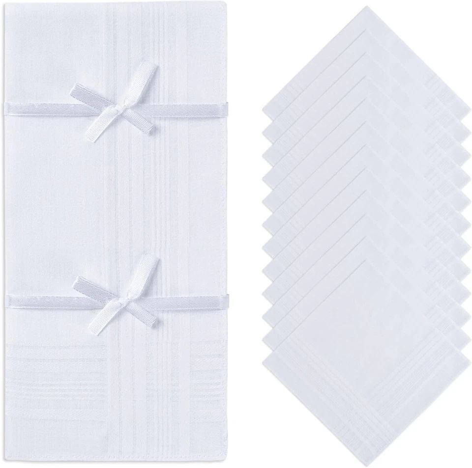 12 Pañuelos Hombre Pañuelos 16"X16" Pulgadas 100% Algodón Blanco Bolsillo Cuadrados Foto 2 de 4