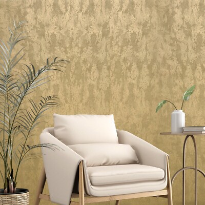 Plain contemporary foil gold metallic faux concrete plaster textured wallpaper