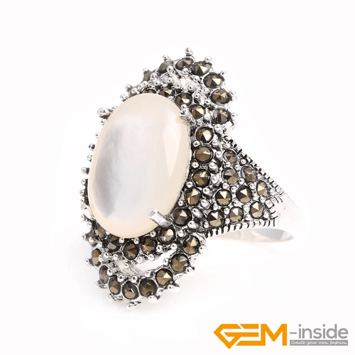 Natural Oval Gemstone Marquis Marcasite Beads Silver Jewelry Ring Size #6#8 Gift - Picture 9 of 55