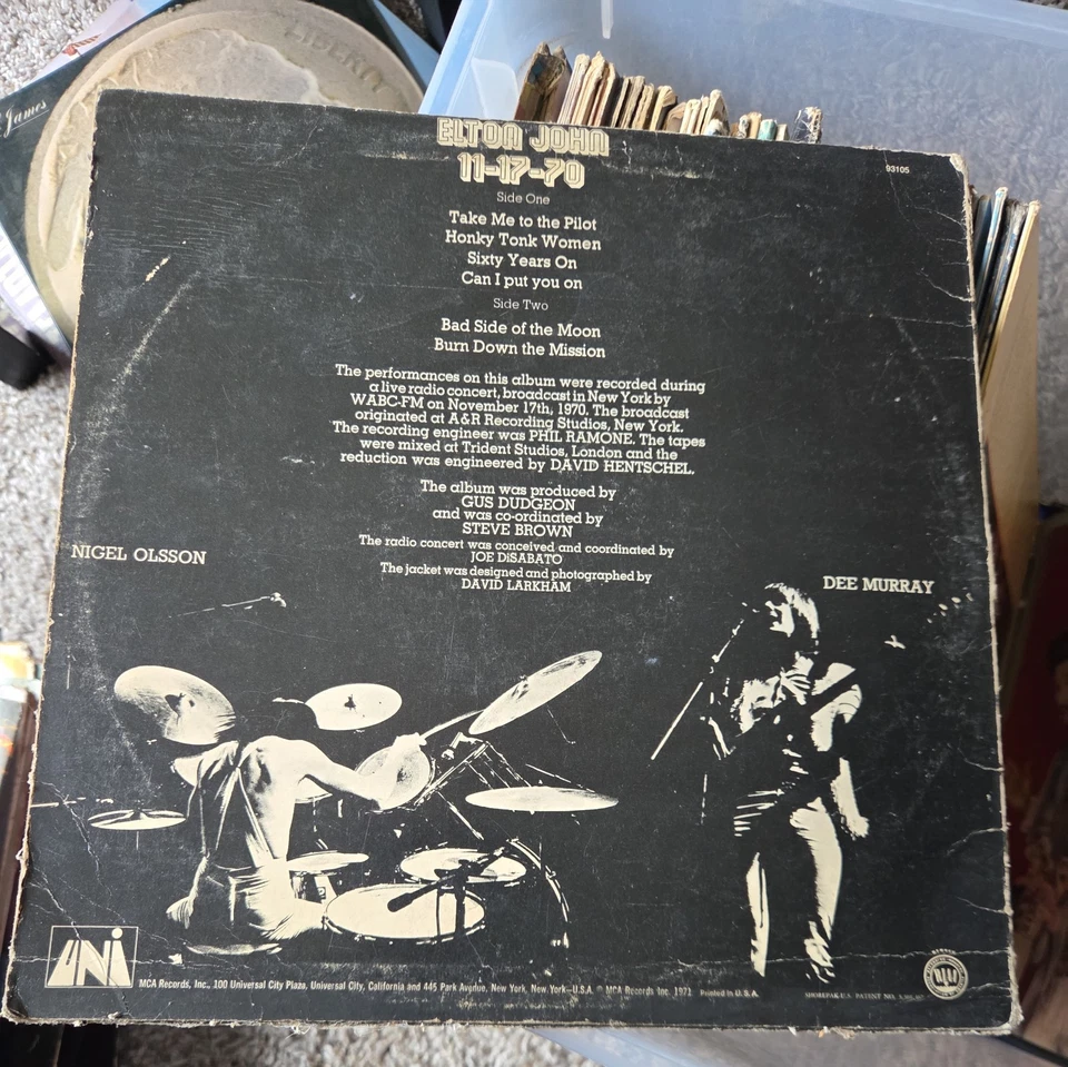Elton John – 11-17-70 Original Vinyl Record LP Album UNI 93105 1971 - Image 2 of 2