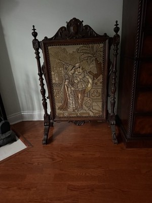 Antique Tapestry Historical Victorian Needlepoint Fire Screen With Ornate Wooden