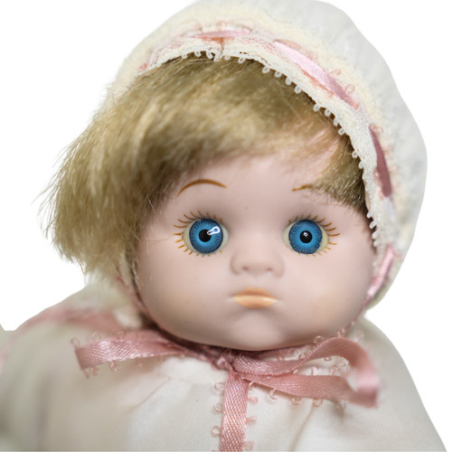 Porcelain Baby Doll 29cm – Blue Eyes – Bonnet & Lace Outfit – Lying Pose Collect