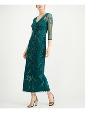 ADRIANNA PAPELL Womens Green 3/4 Sleeve V Neck Maxi Formal Sheath Dress 0