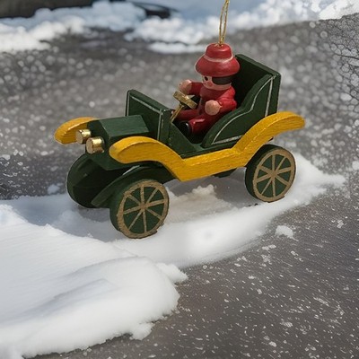Vintage Russ Country Antique Ornaments Person In A Car Wooden Taiwan In Org. Box